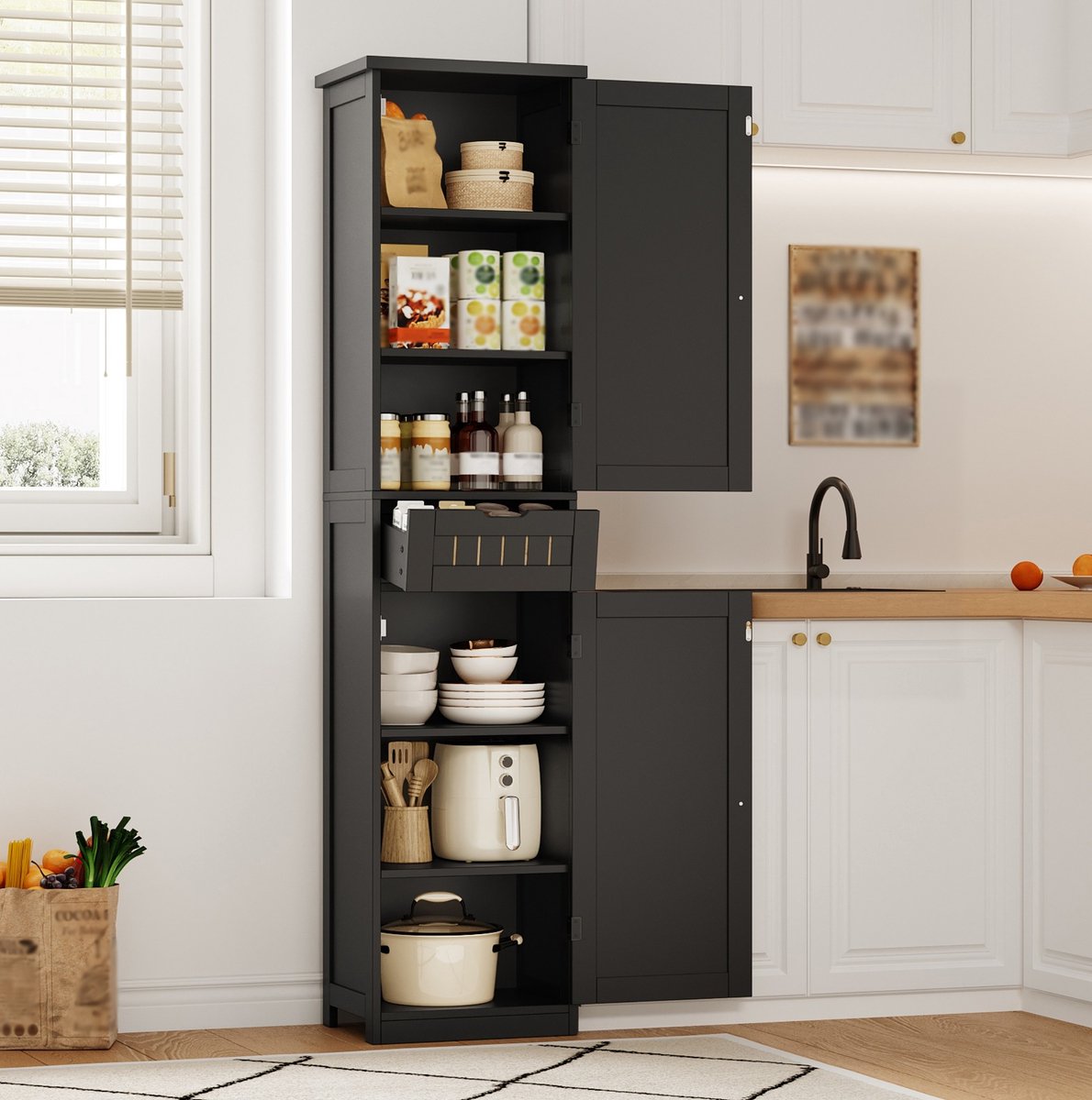 MIVRAY Keukenkast - Smalle Opbergkast Met 2 Deuren, 1 Lade En Verstelbare Planken - Voor Keuken En Woonkamer - MDF - Zwart - 170x40x30 Cm
