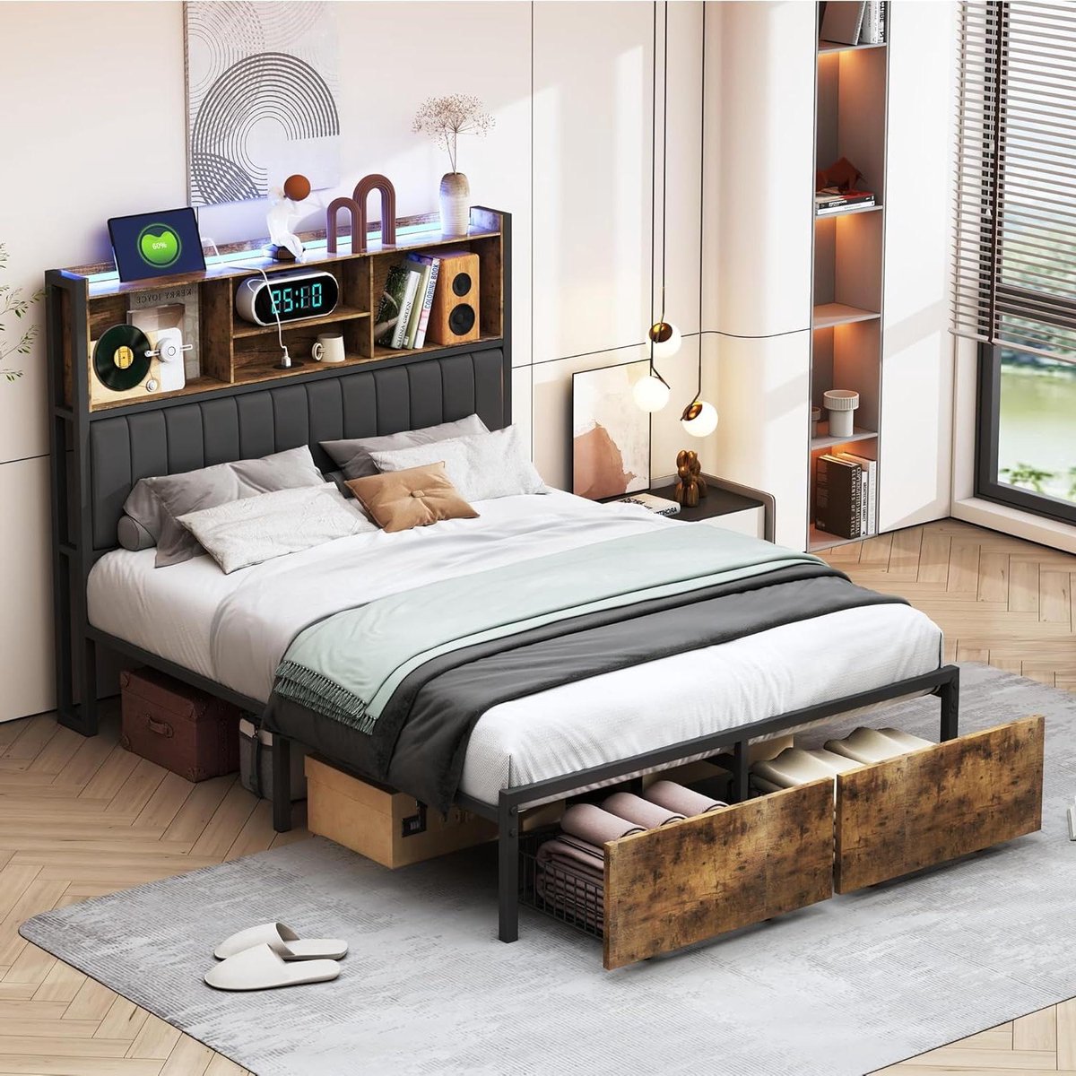 Tweepersoonsbed Frame - Metalen Bed - Slaapkamer Inrichten - Geïntegreerde LED - 160 x 200 cm - Vintage Bruin Zwart