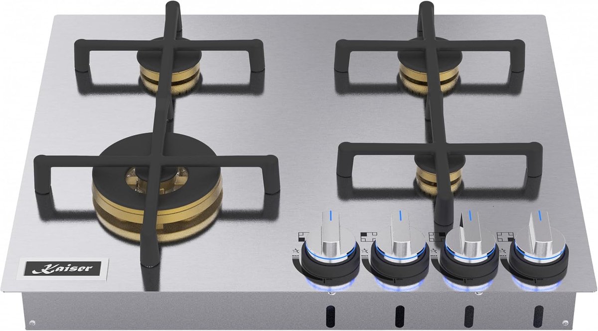 Gaskookplaat -KAISER KG 6236 Turbo -60 cm autonoom – Roestvrijstalen kookplaat met Anti-Touch-effect, magnetische gietijzeren pannendragers, geschikt voor aardgas & vloeibaar gas, drievoudige Turbo WOK-brander