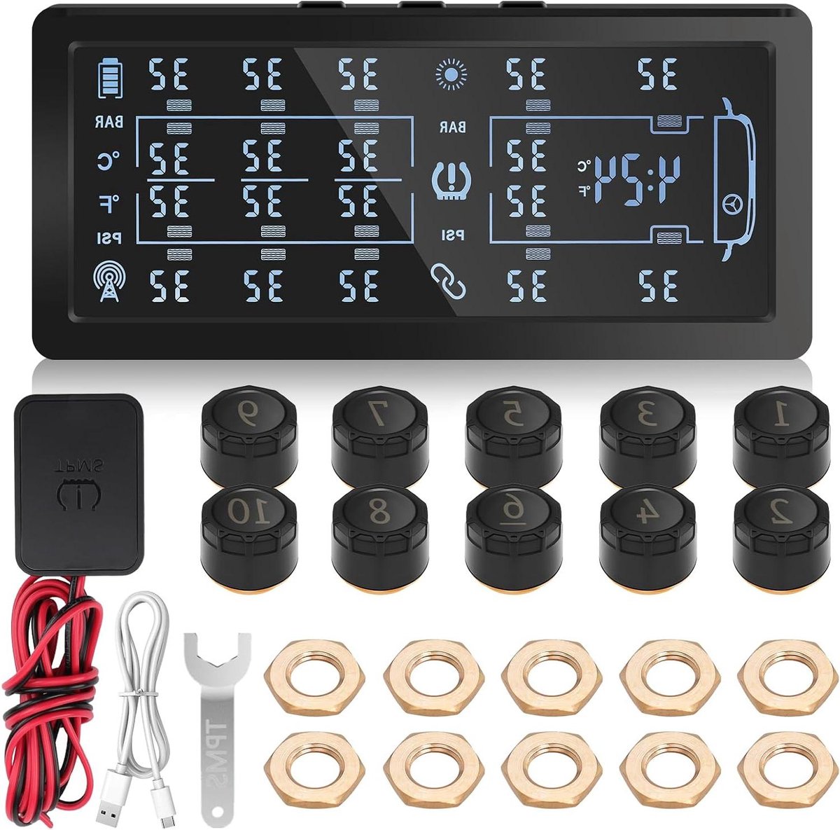 Bandenspanningsmeter Systeem - TPMS Sensoren - Veilig Rijden - Zonne-energie & USB - 10 Externe Sensoren - Zwart