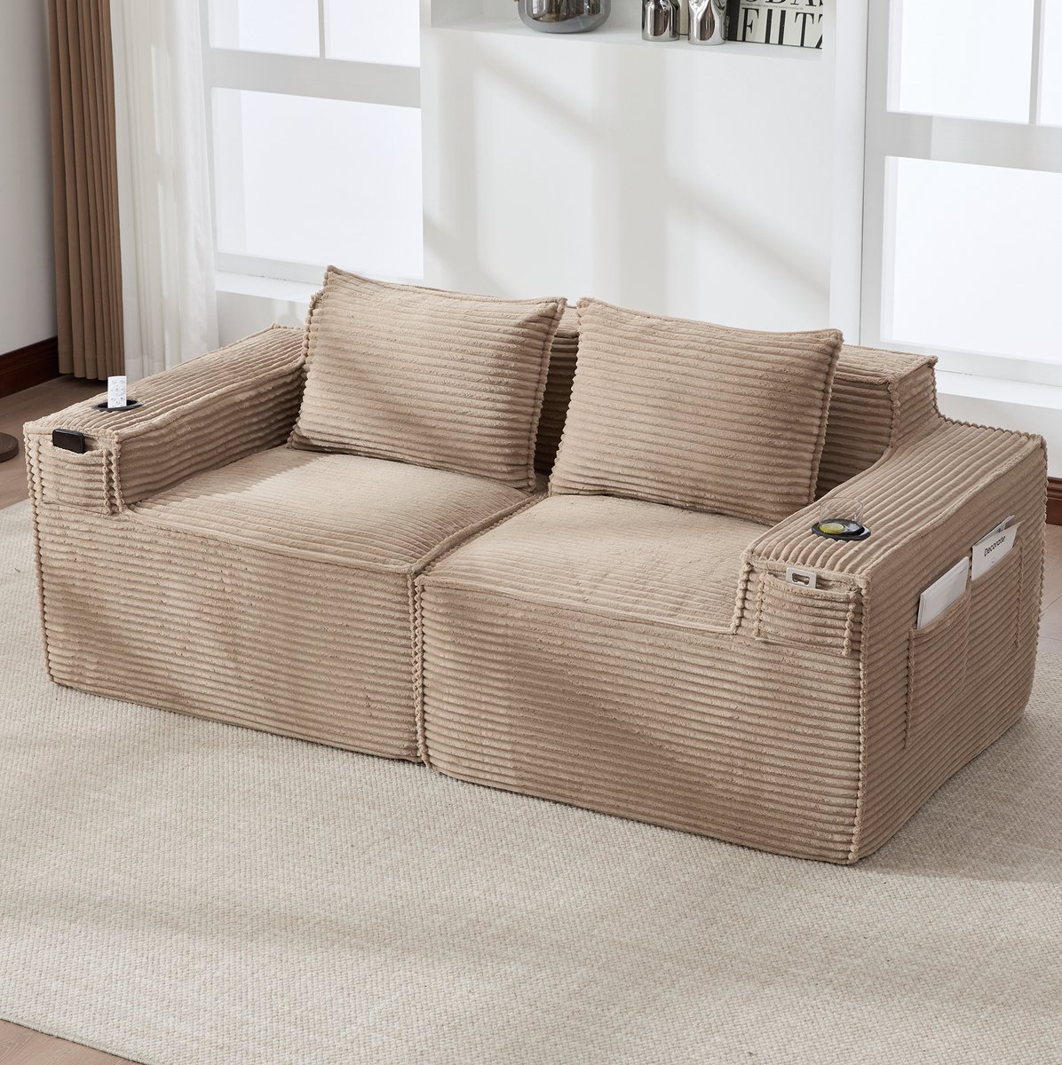 FloraGrace Zitbank 188 x 90 x 75 cm - Modulair 2-Zits Sofa Met Bekerhouders En Zijvakken -