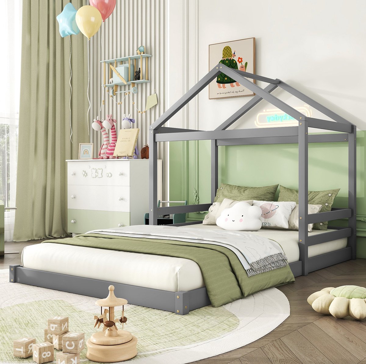 MEUNIQ Kinderbed in huisvorm 140 x 200 cm met lattenbodem, grenenhouten bedframe voor kinderkamer, zonder matras, grijs