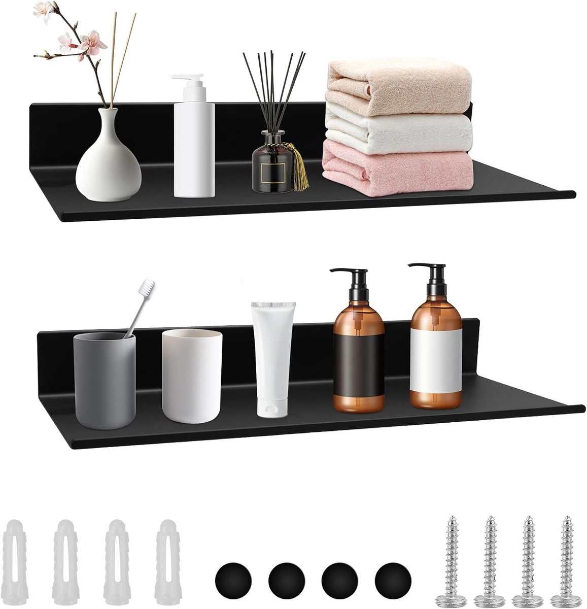 Set van 2 Zwarte Metalen Wandplanken, 30 cm Zwevende Plank voor Foto's, Decoratieve Wanddecoratie voor Slaapkamer, Badkamer en Keuken