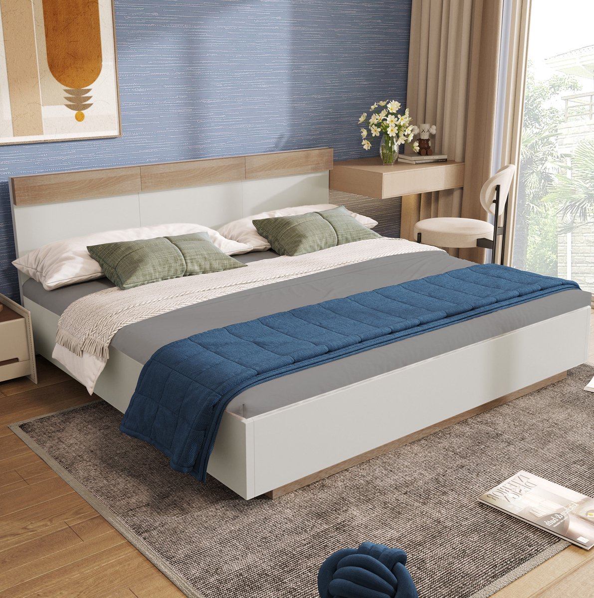 MEUNIQ tweepersoons bed 140x200 cm met hoofdbord en lattenbodem, zwevend bedframe in wit en eiken, slaapkamer, zonder matras, 205x144x90,5 cm