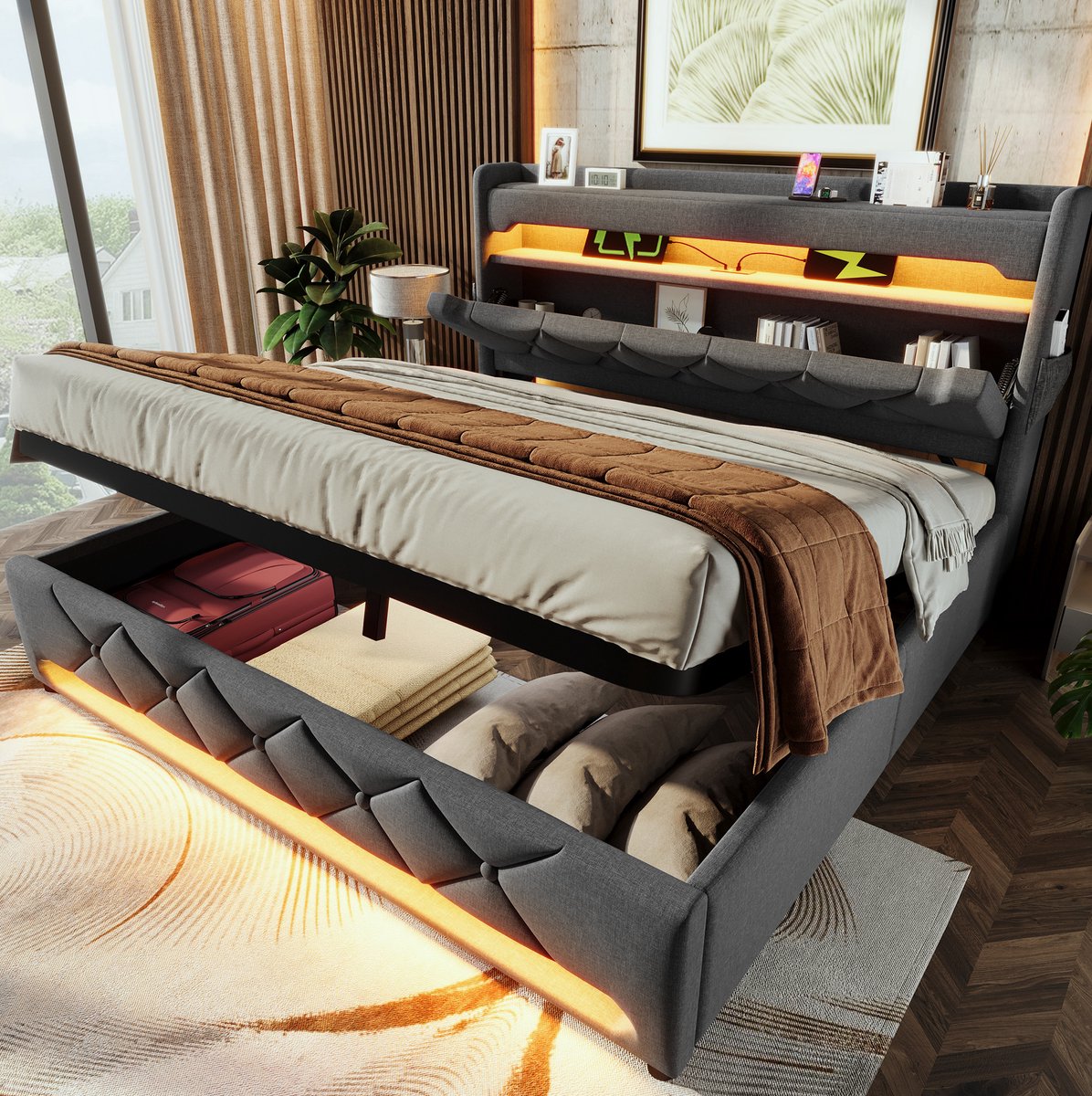 MEUNIQ gestoffeerd tweepersoons bed 160x200 met hydraulische opbergruimte, LED-verlichting, hoofdbord met USB en Type-C, bedframe voor slaapkamer, grijs