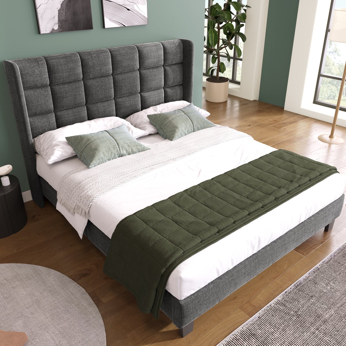 MEUNIQ tweepersoons gestoffeerd bed 140x200 cm met hoog hoofdbord en lattenbodem, stoffen bedframe voor slaapkamer, grijs, zonder matras