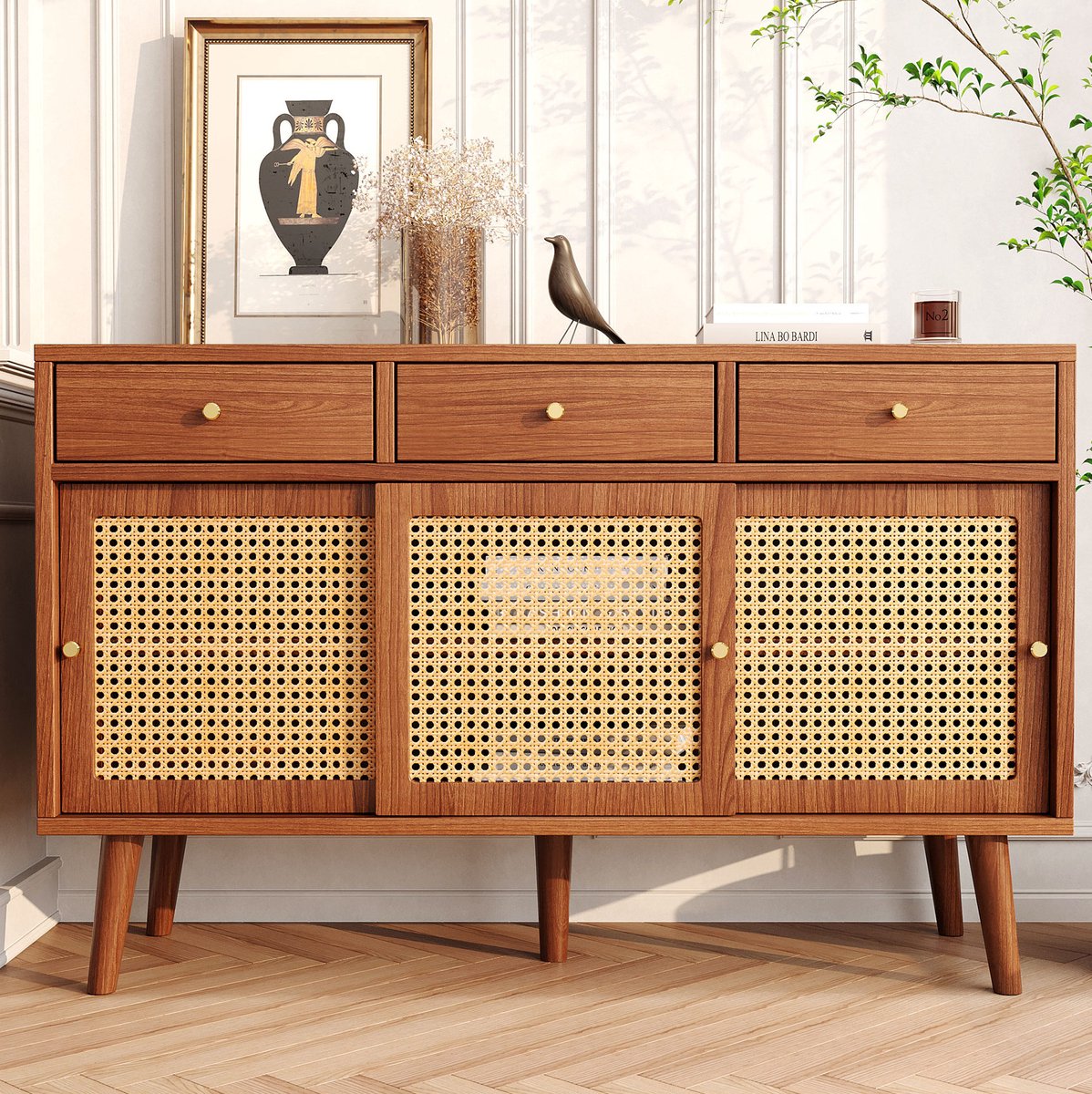 HAUSS SPOLE Dressoir - Retro Kast Met 3 Lades En 3 Schuifdeuren - Voor Woonkamer En Eetkamer - MDF Walnootkleur - 120x40x78 Cm