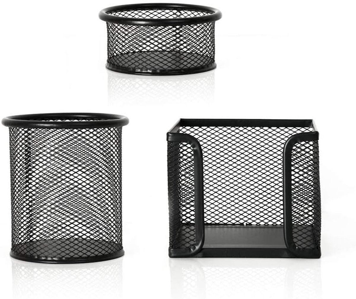SnelShoppen - 3-delige Desk Organizer Set - Bureau Organizer - Penhouder - Memobox - Paperclip Houder - Zwart - Metaal/Mesh - Perfect voor Thuis en Ka
