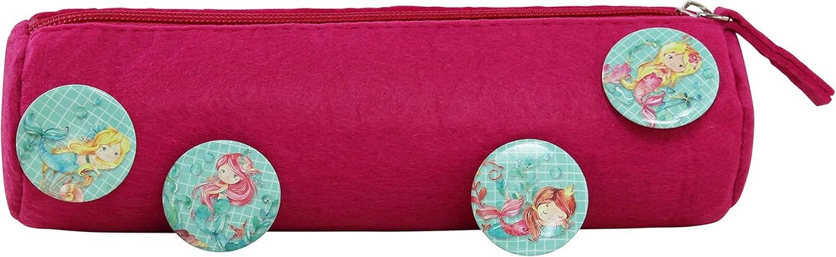 Thijox - Etui met 4 knopen voor jongens en meisjes | Roze vilt etui met zeemeermin motief | School etui set - Perfect als cadeau voor schoolstart of v