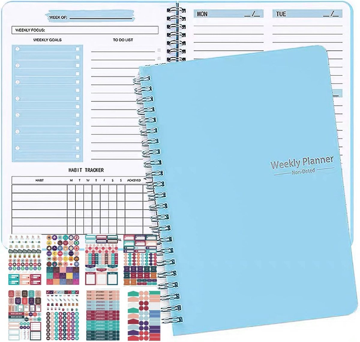 Thijox - Ongedateerde Weekplanner A5 - 52 Vellen - Planner met 8 Planningsstickers - Dagplanner Notitieboek - Zelfvulend Blok als Boekenkalender - Sch