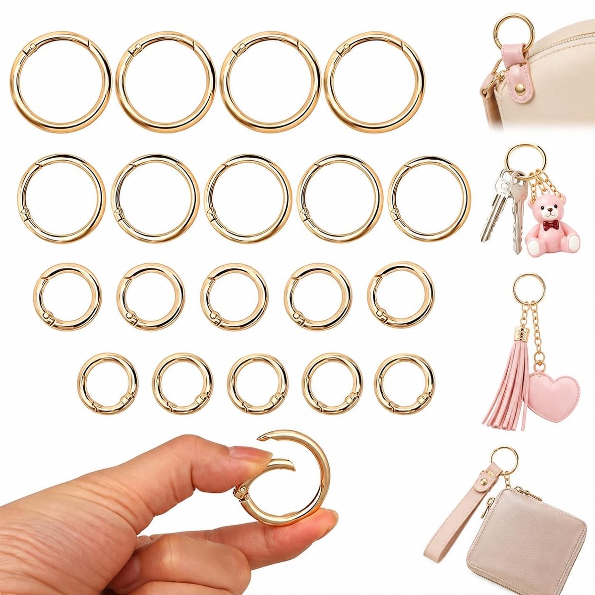 Inovra- Karabijnhaken Set van 20 - Ronde O-Ring Sleutelhaken - 4 Maten (20/25/28/33 mm) - Zinklegering - DIY Accessoires - Glanzend Goud - Sleutelhanger