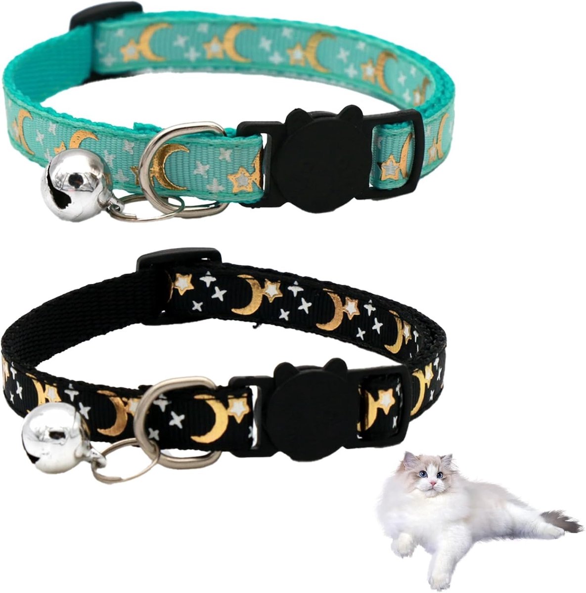 Verstelbare Kattenhalsbanden met Bel en Sterren - Lichtgewicht en Minimalistisch Design voor Kittens en Volwassen Katten (Zwart/Groen)