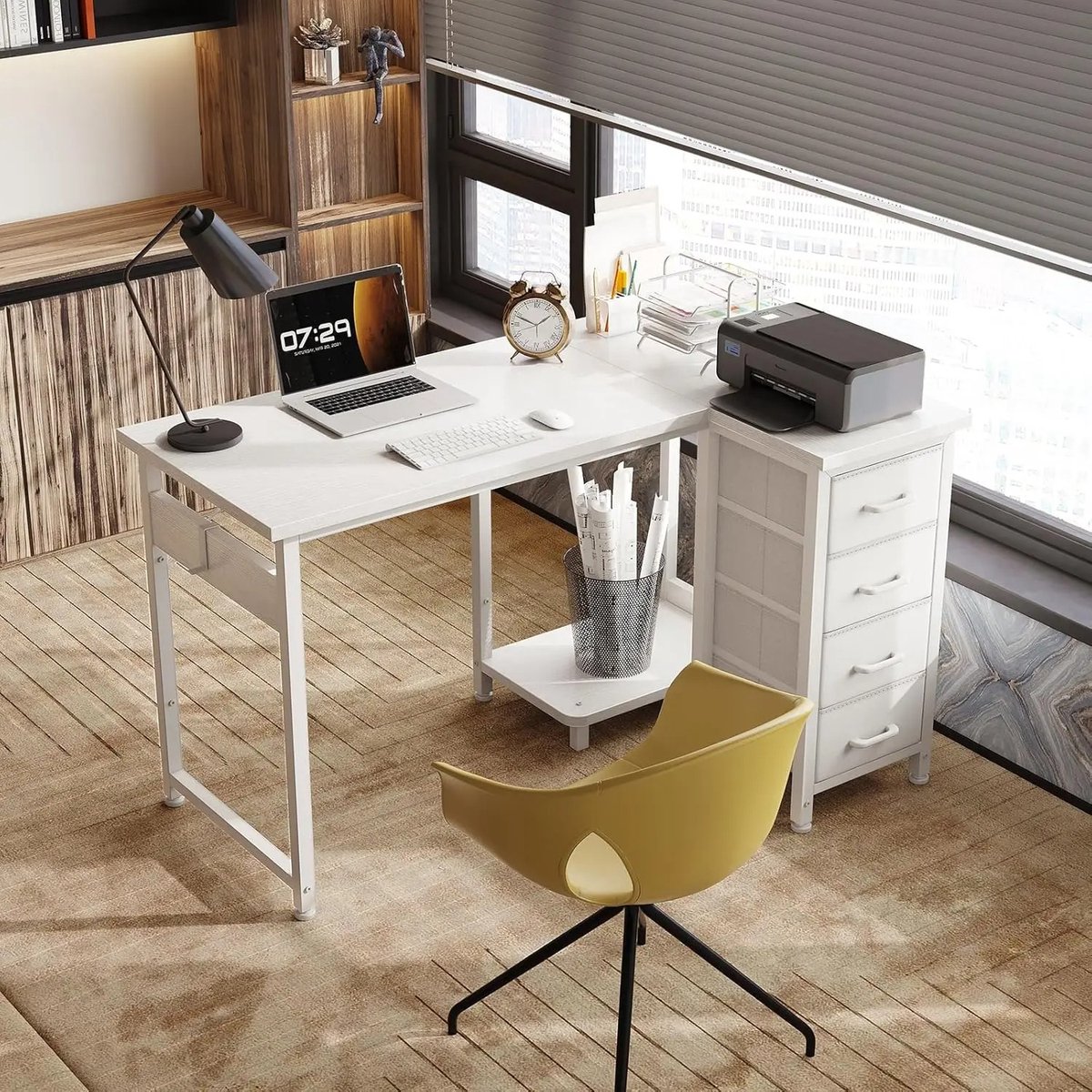 Parasha Nova Bureau - Hoekbureau - Computerbureau - L-vormig bureau met 4 laden - omkeerbaar computerbureau voor kantoor - slaapkamer - 100x70 cm, wit