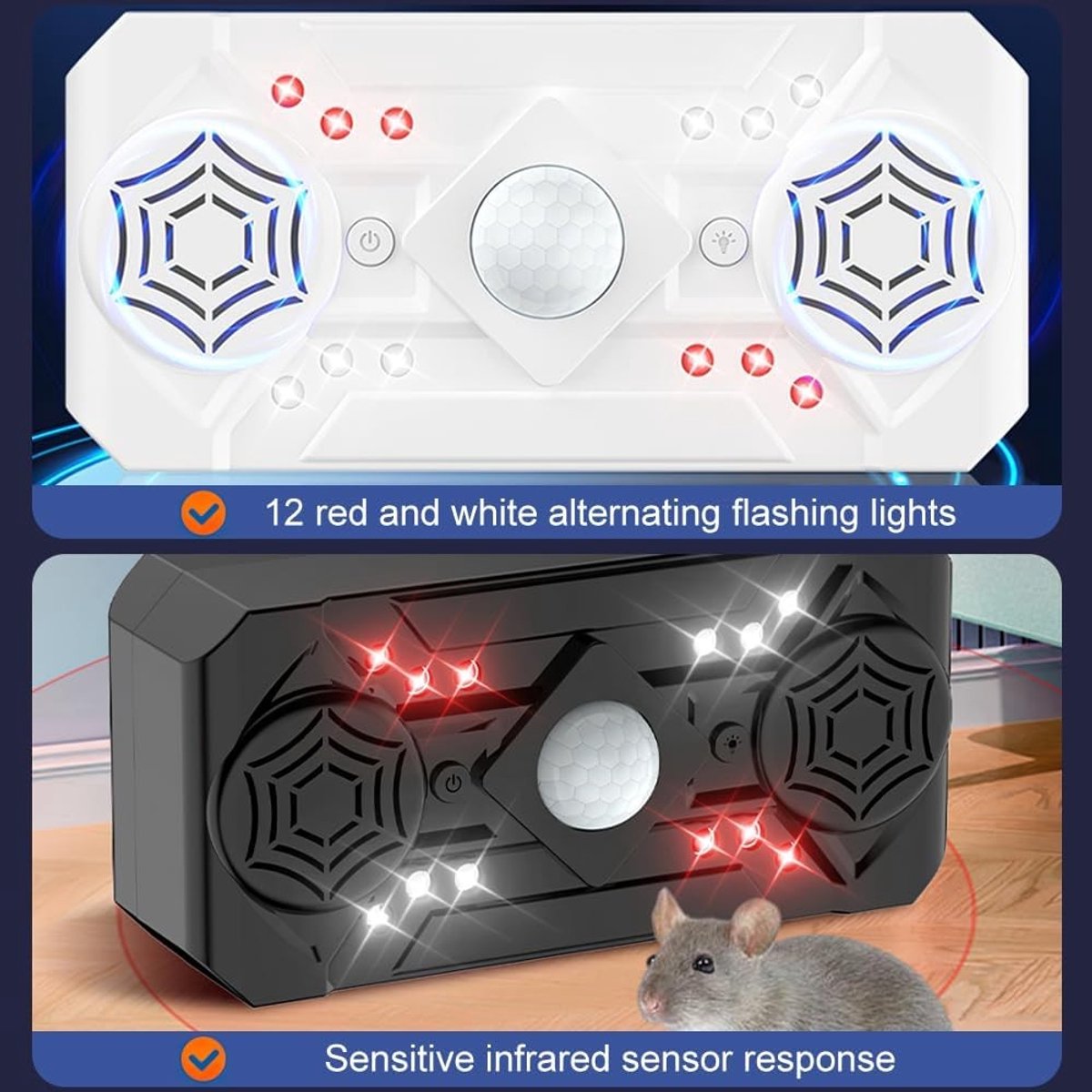 Ultrasone Rat Repeller met Infrared Induction Blinklicht voor Effectieve Ongediertebestrijding in een Gebied van 320㎡