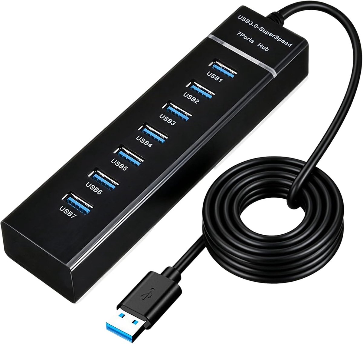 SnelShoppen - USB 3.0 Hub 7 Poorten Multiport Adapter, 5Gbps Hoge Snelheid Data Splitter met 1.5m Kabel voor PC, Laptop, MacBook, Plug and Play USB Ve