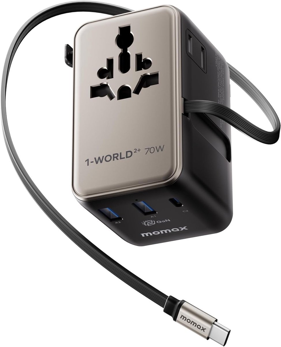 Thijox - MOMAX Reisadapter Wereldwijd 70W met Uittrekbare Kabel, 6-in-1 Universele Adapter voor EU, UK, USA, Japan - 2 AC, 2 USB-C, 2 USB-A - Perfect
