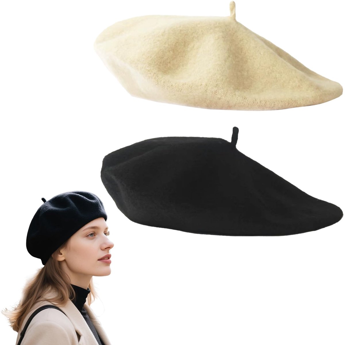 Wollen muts, 2 stuks Franse stijl damesmuts, klassieke stijl, uniseks, zacht en warm, outdoor, vintage, kunstenaars, eenheidsmaat (zwart, beige)