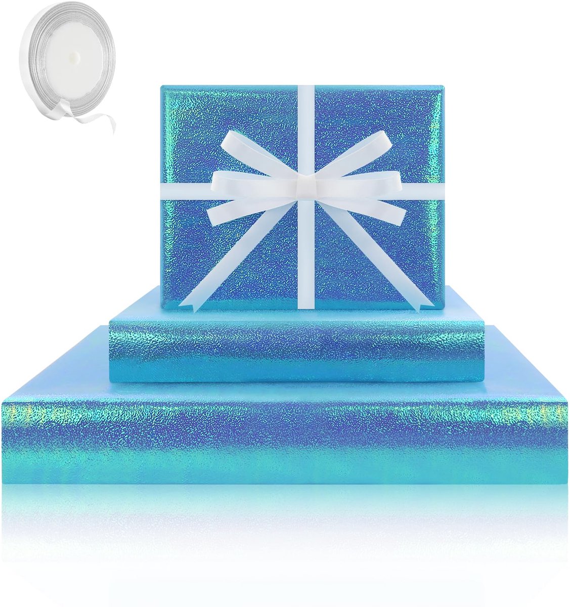 Cadeaupapier, 4 vellen metallic holografisch wikkelpapier, sprankelende regenboog verjaardag inpakpapier met lint cadeaupapier voor kind verjaardag babyborrel bruiloft kerstfeest (blauw)