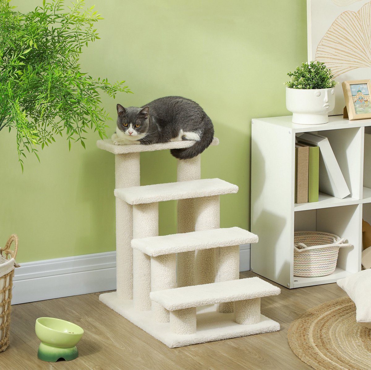 MEUNIQ katten trap en honden trap 4-staps met pluche bekleding 63,5 x 43 x 60 cm voor sofa vensterbank of bed crème
