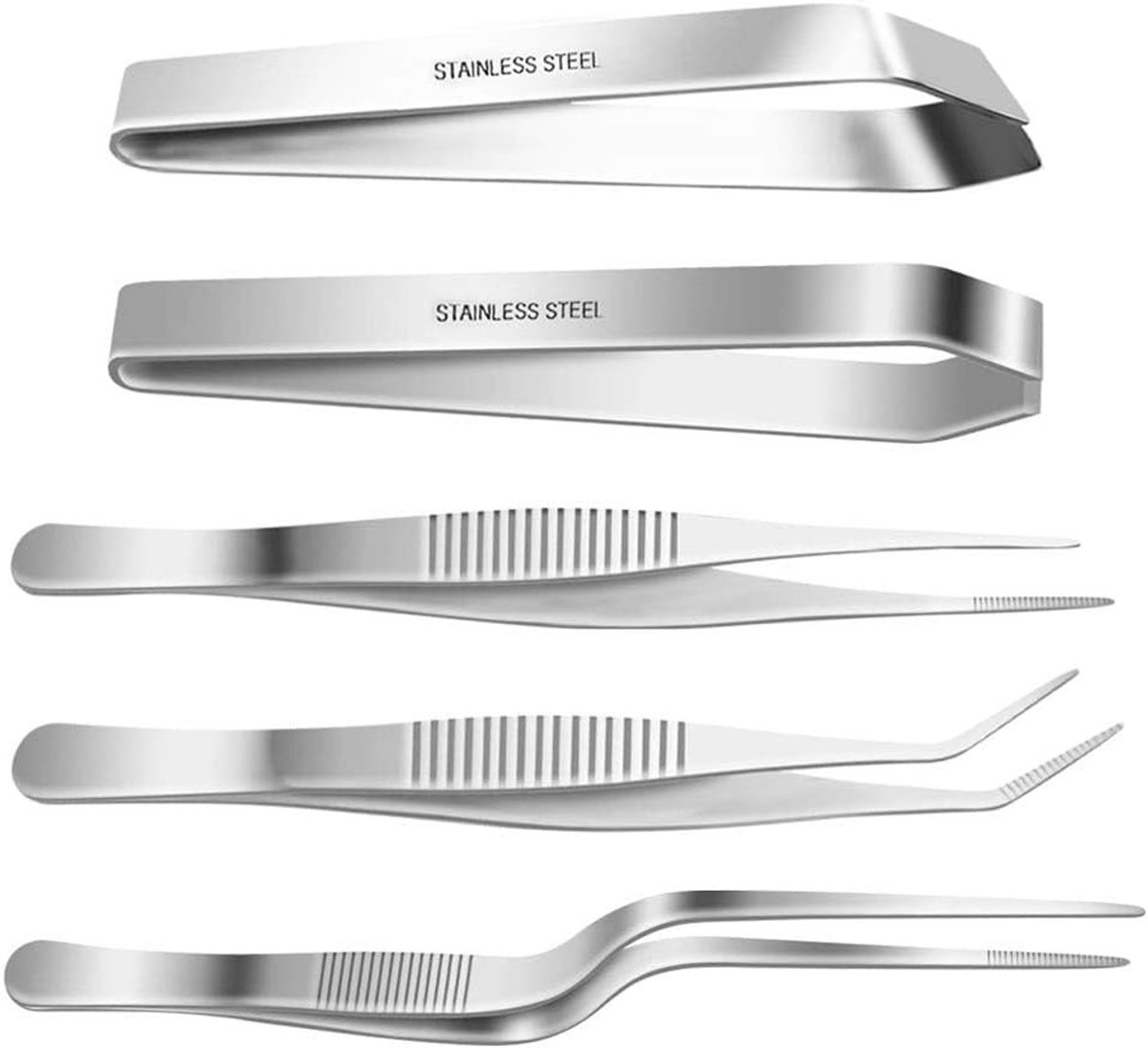 RVS Pincet Set van 5 Stuks met 6.3 Inch en 4.7 Inch Haringbeen Pincetten voor Koken, Precisiewerk en Schoonheidsverzorging met Serrated Tips