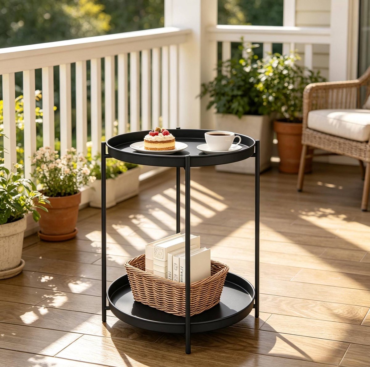 MIVRAY Bijzettafel - Ronde Tafel Met 2 Afneembare Metalen Schalen - Voor Woonkamer Slaapkamer En Balkon - Metaal - Zwart - 44x44x53 Cm