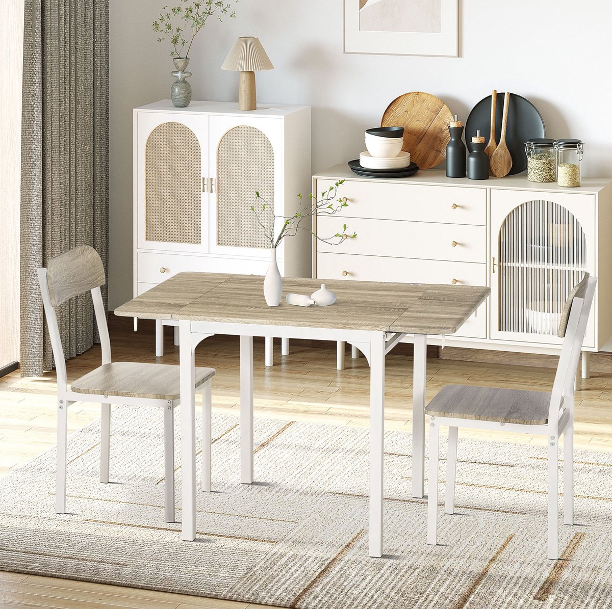 MEUNIQ 3-delige eetset met opklapbare tafel en 2 stoelen 110 x 70 x 75 cm, inklapbaar tafelblad, MDF en metalen frame, voor keuken en eetkamer, naturel wit