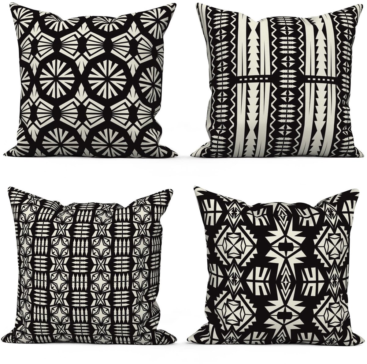 Dailygoods- Sierkussen Set van 4 - 40x40 cm - Boho Geometrisch Patroon - Zwart/Wit - Wasbaar - Polyester Vlas Textiel - Decoratiekussen