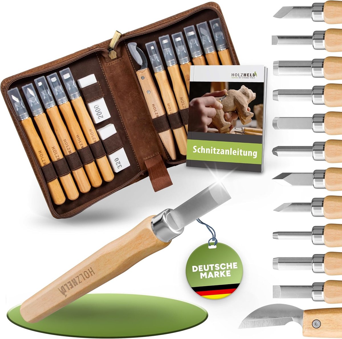 SnelShoppen - Houten beeldhouwset met 16 hoogwaardige snijgereedschappen in leren tas - Professionele houtbewerkingsmessen met scherpe bladen - Inclus
