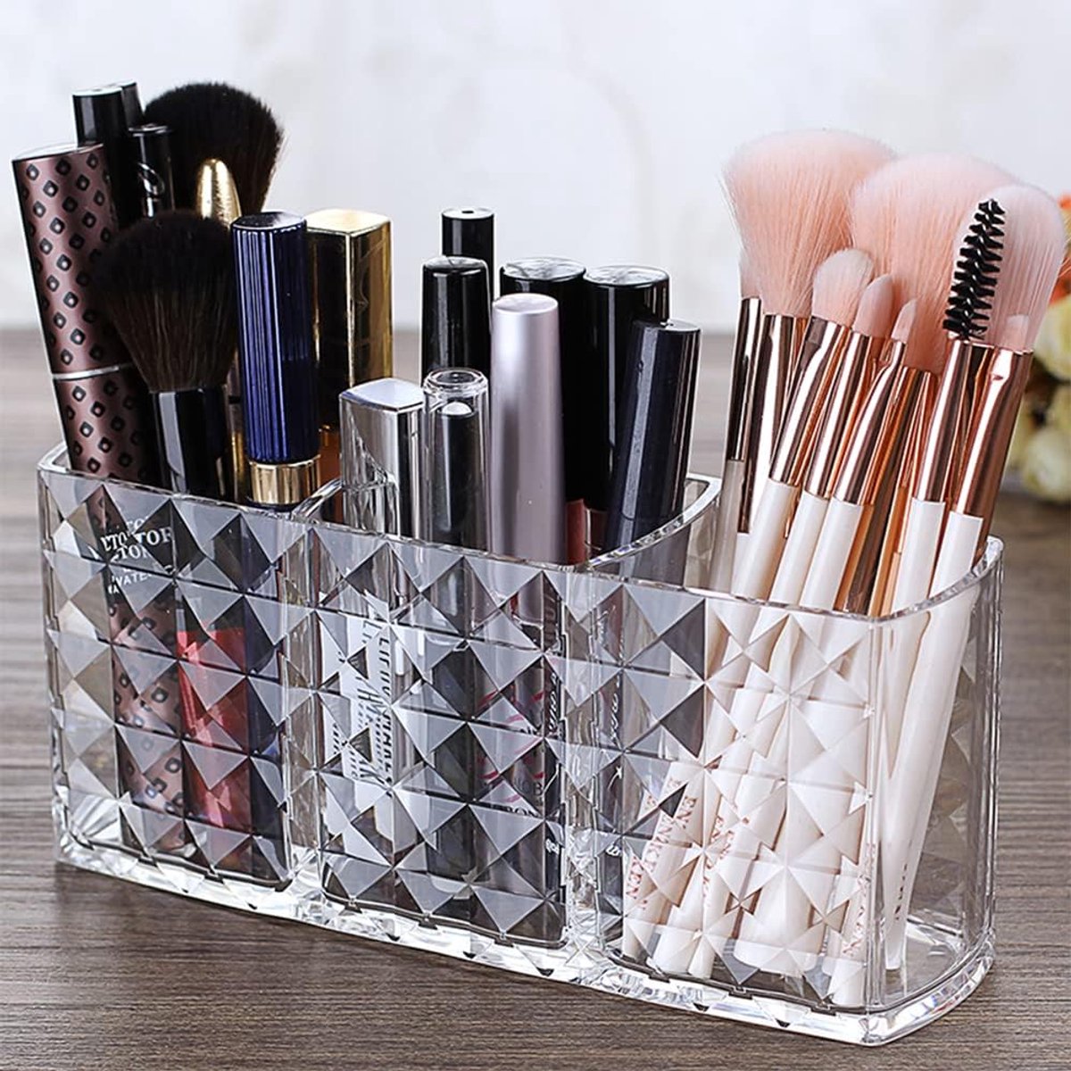 Thijox - Cosmetische organizer, kristallen make-upborstelhouder met 3 compartimenten voor eyeliners, lippenstift en mascara, acryl make-up opslag voor