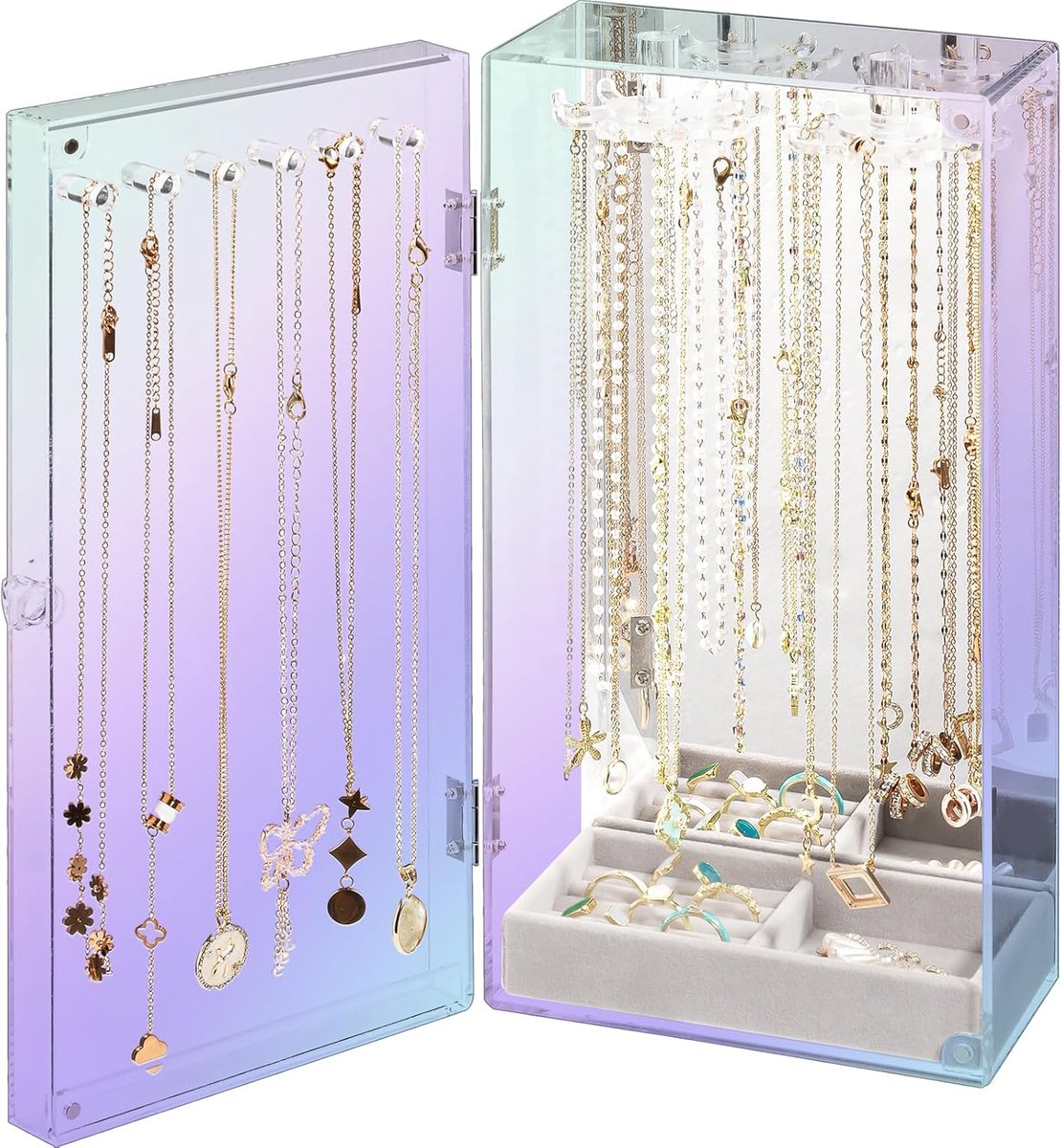 Thijox - Lolalet Ketting Houder Organizer, Acryl Sieraden Organizer met 24 Hakjes, Roterende Doorzichtige Display Box met Spiegel, Stofdichte Opbergdo