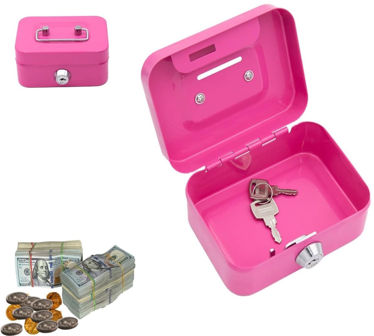 Dailygoods - Kleine afsluitbare geldcassette met sleutel, kleine kluis, geldcassette met sleutelslot, metalen kluis, portemonnee, kassa met 2 sleutels, 11,5 x 8,5 x 5,8 cm (roze)