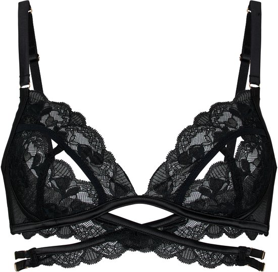 Zwarte kanten bralette met bandjes en een open voorkant. Goudkleurige details.