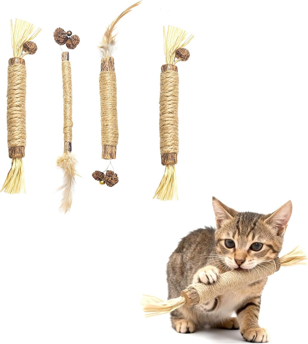 Dailygoods - Matatabi kauwsticks voor katten, 4 stuks, tandverzorgingsspeelgoed om tandsteen te verwijderen en de adem te verfrissen, spel voor kittens en volwassen katten met Matatabi