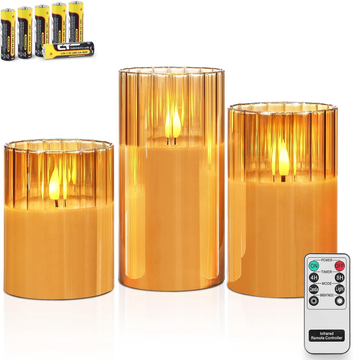 Thijox - Gouden geribbelde glazen LED-kaarsen met afstandsbediening - Vlamloze kaarsen set van 3 met timer - Inclusief 6 batterijen - Warm wit licht v