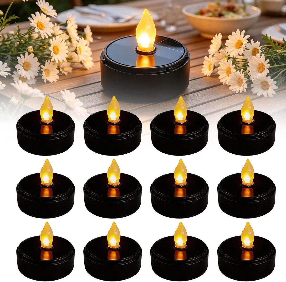 SnelShoppen - Theelichtjes op Zonne-energie voor Buiten, Waterdicht, Flikkerende Vlamloze Kaarsen, 12 Stuks Zwart, Tuin- en Terrasdecoratie