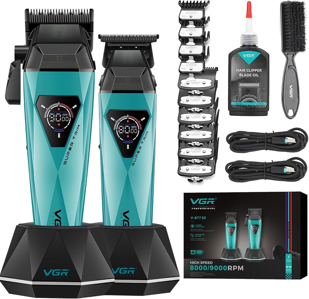 SnelShoppen - Professionele Tondeuse Mannen Set met Draadloze Tondeuse, Zero Gap Precisietrimmer, 9000 RPM Motor, DLC Gecoate Keramische Mes, LED-Disp
