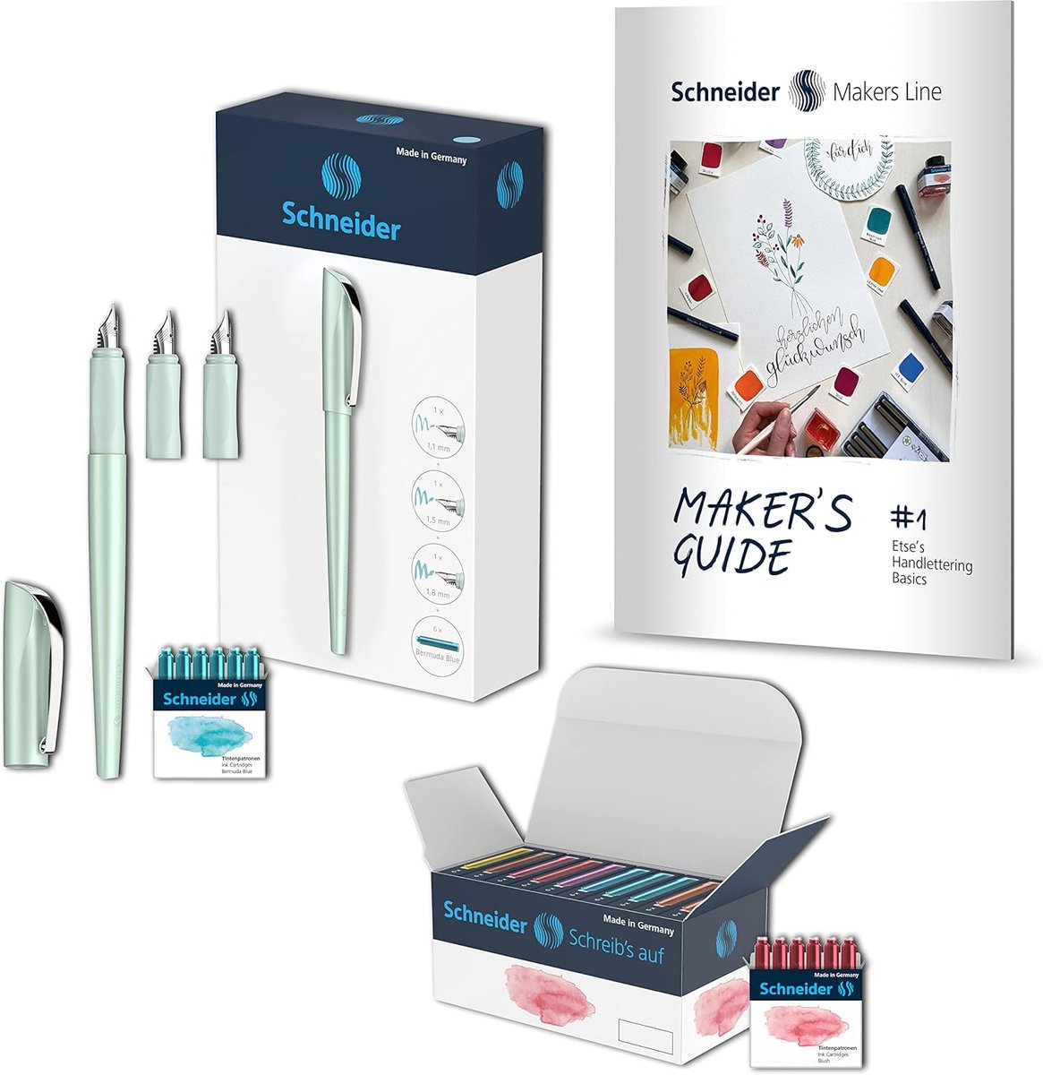 Thijox - Callissima Kalligrafieset Vulpen met 3 Veerbreedtes, 66 Pastelpatronen, Handlettering Guidebook, Mint, 70-delige Set voor Creatieve Handgesch