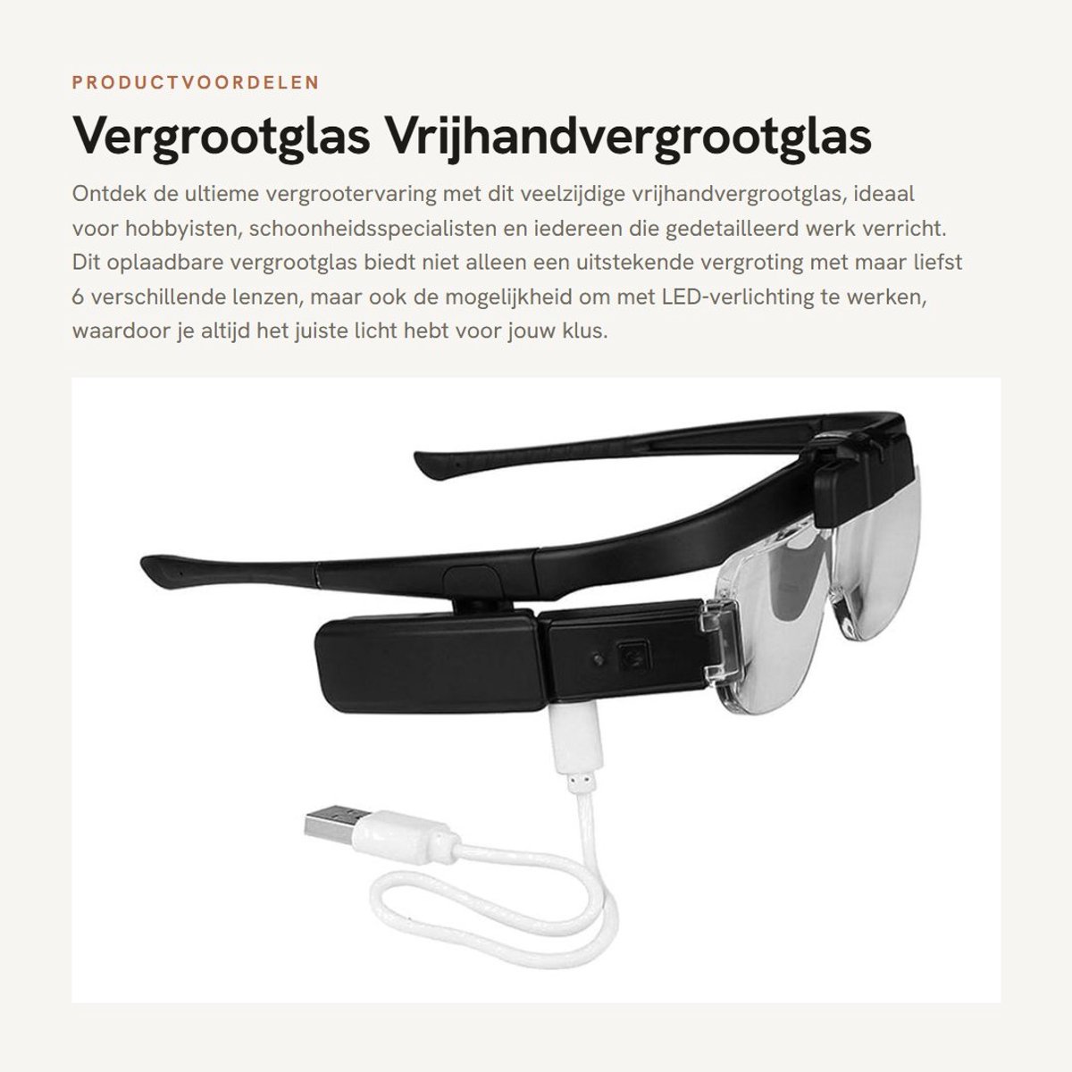 Dailygoods - Vergrootglas - Vrijhandvergrootglas - Oplaadbaar met LED-licht - Zwart - 6 Verstelbare Lenzen - Geschikt voor Lezen en Reparatie