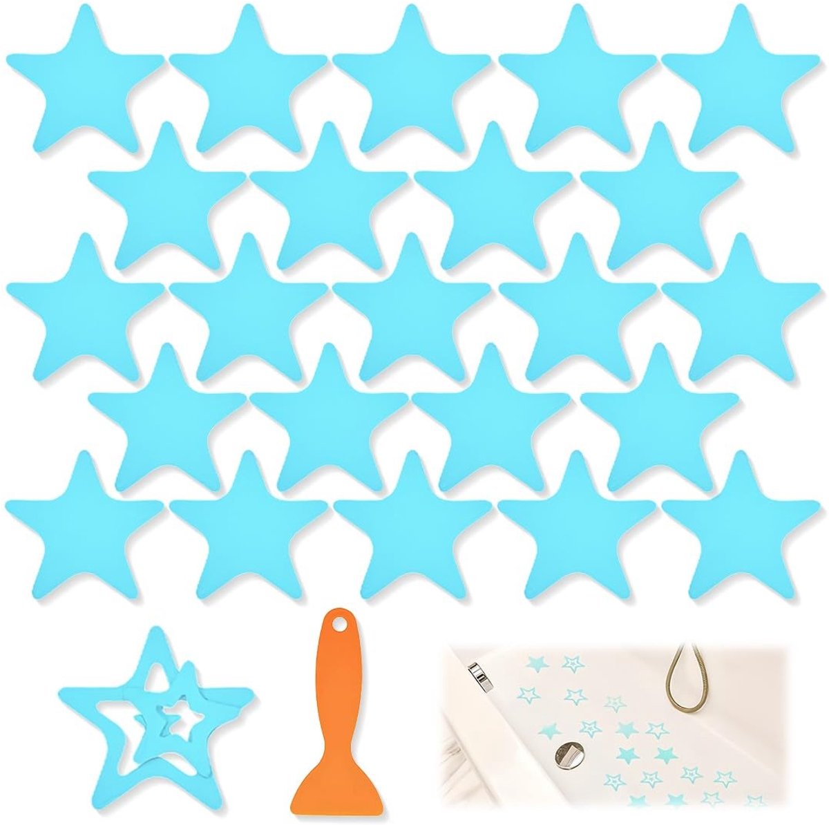 Thijox - 24 Stuks Antislip-Stickers voor Badkuip en Douche - Veiligheidsstroken met Premium Schraper - Sterrenpatroon - Ideaal voor Kinderen, Badkamer