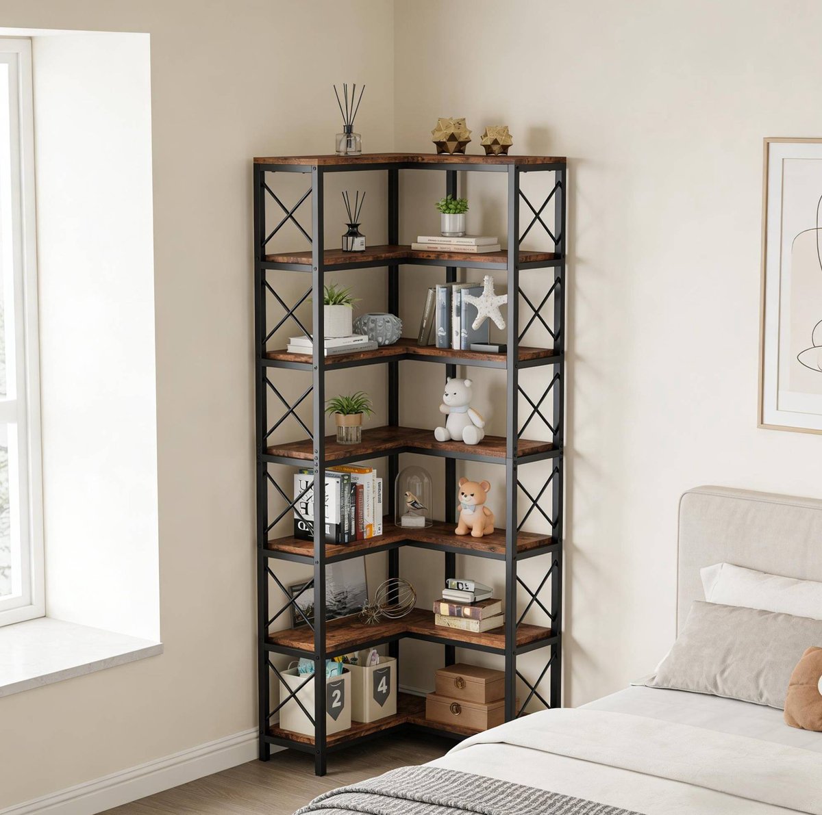 HAUSS SPOLE Boekenkast - Industrieel Hoekrek Met 7 Etages En 14 Open Vakken - Ruimtebesparend Voor Woonkamer Of Werkkamer - Metaal En Hout - 61x60,5x202 Cm - Zwart Rustic Brown
