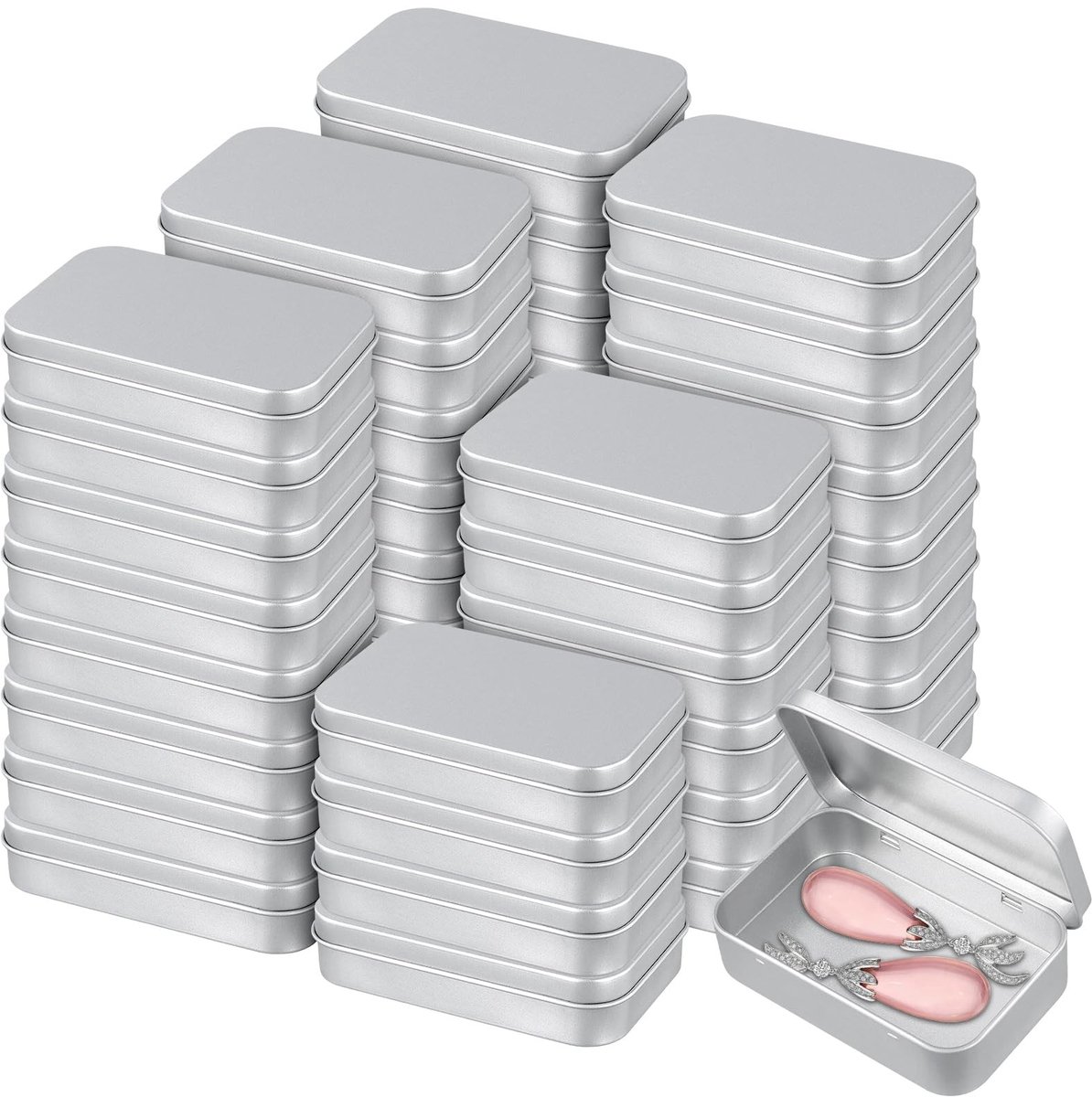 Dailygoods- Tin Box 50 Stuks - Scharnierende Opbergdoos - Rechthoekig Blik - 94x61x20mm - Zilver - Flip-Cover Ontwerp