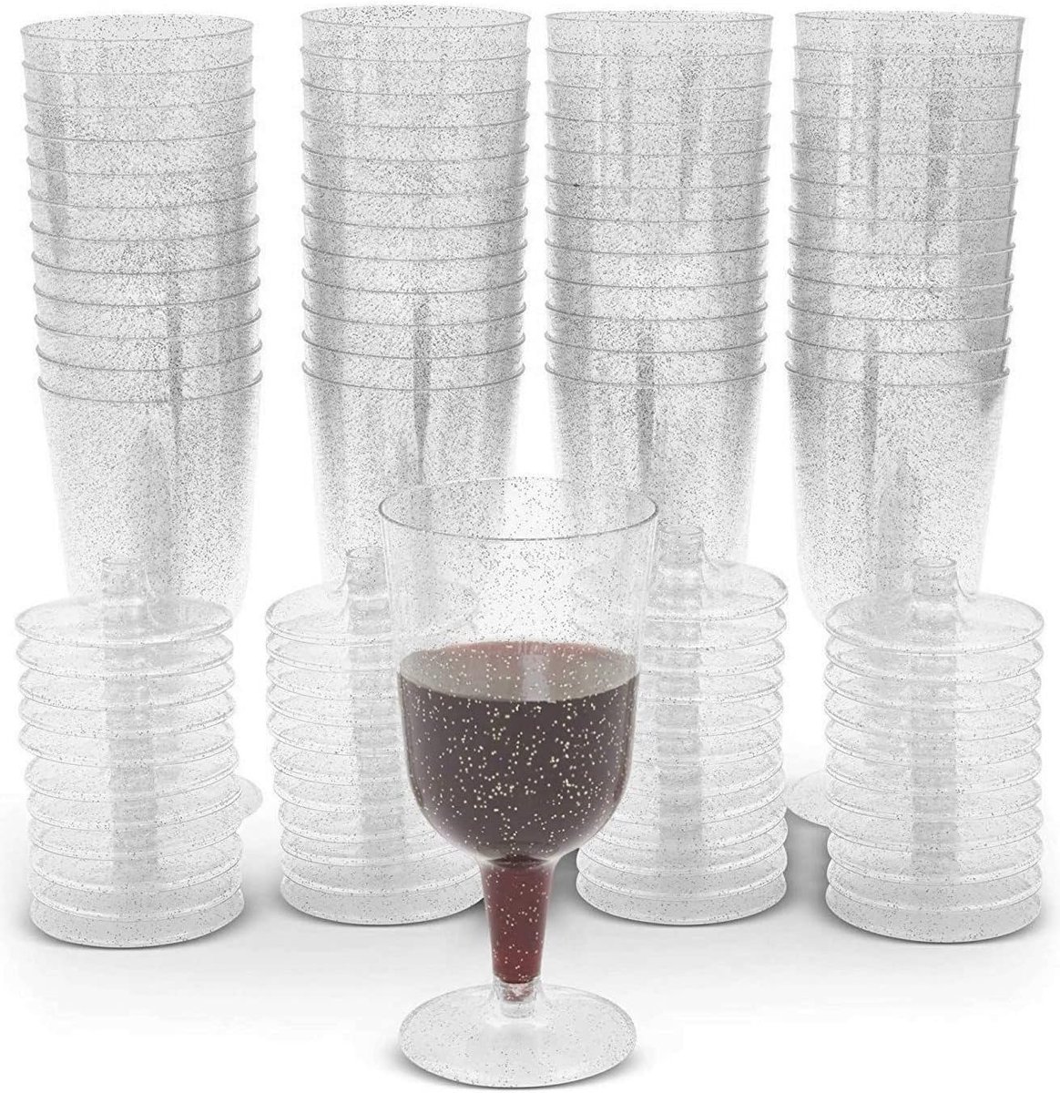 Thijox - 50 Stuks Zilveren Glitter Wijnglazen 170 ml - Herbruikbare Plastic Wijnproeverij Glazen voor Feesten, Bruiloften, Verjaardagen, Babyborrels -