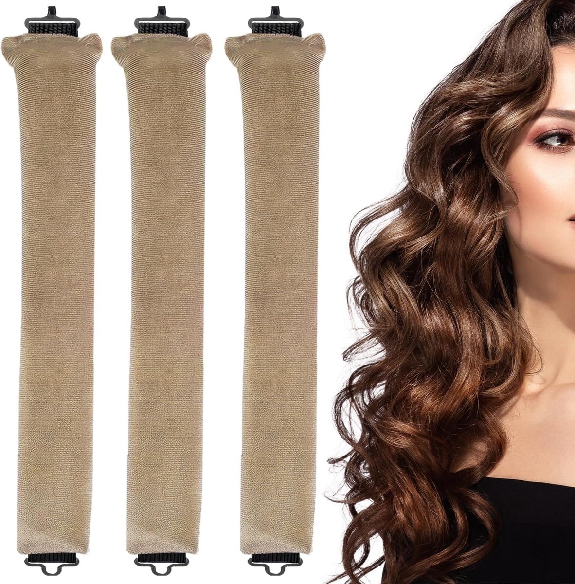 Thijox - 3PCS Heatless Curlers Hoofdband Haarrollers voor Lang Haar - Geen Warmte Overnachting Krullen - Khaki - Perfecte Krullen zonder Hitte