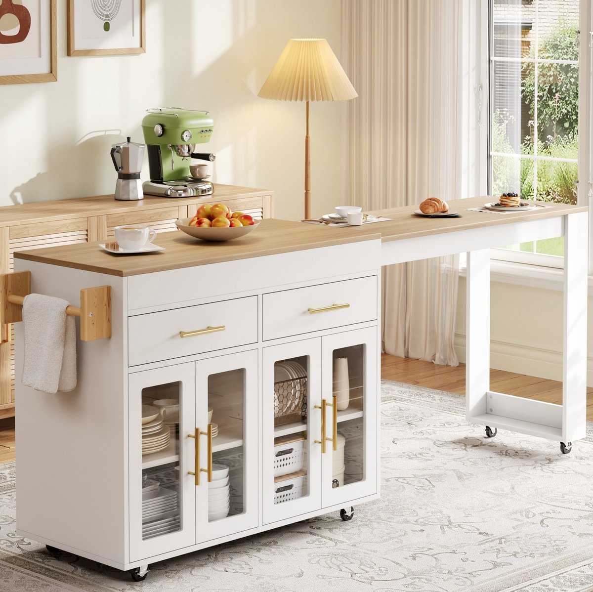 MIVRAY Keukenkast - Uitschuifbare Keukeninsel Met Bartafel En Wielen - Opbergruimte Met Glazen Deuren En Laden - MDF - Wit Eiken - 132,5-217x50x93 Cm