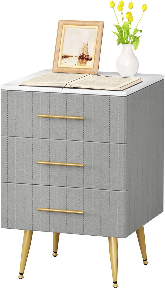 RosaBloom Nachtkastje - Ladekast - Bijzettafel - Elegant fluwelen design - Stevige metalen poten - 40.5x60.0x41.0 cm - MDF en Massief hout - Grijs