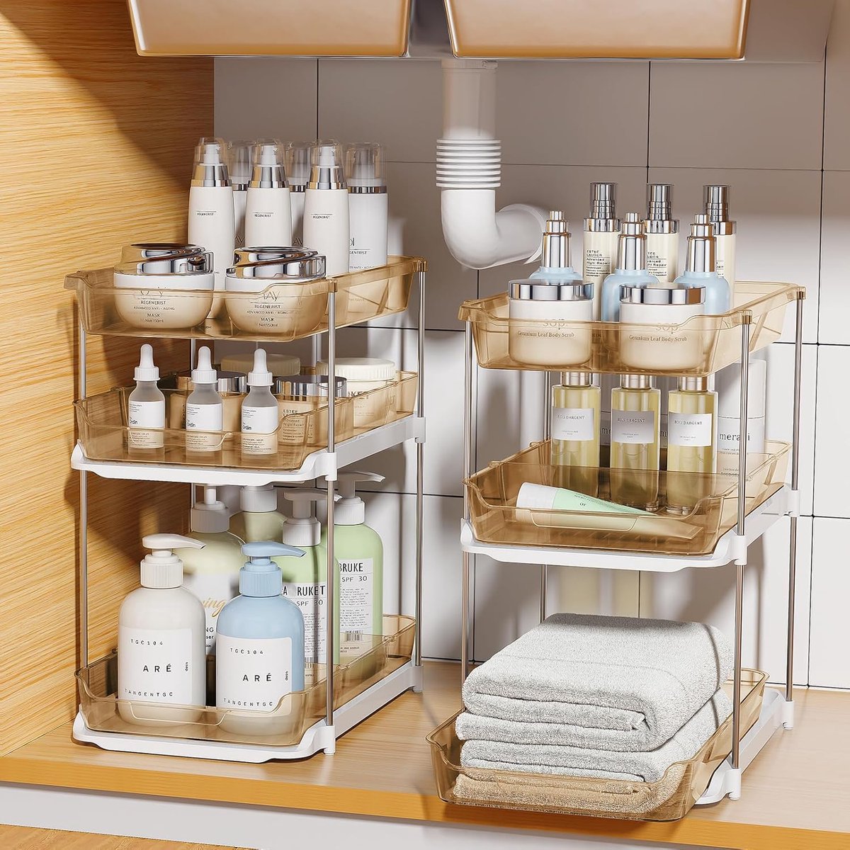 gootsteenkast organizer uitrekbaar - Opbergset voor Onder de Wasbak - Transparant - 3-Lagen Stapelbaar - Multifunctioneel - Voor Keuken en Badkamer