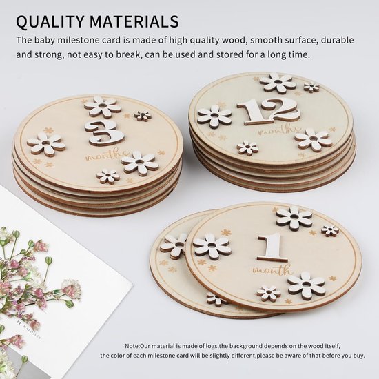 12x Houten Maandkaarten Baby 1-12 Maanden - Dubbelzijdig en 3D Bloemen — afbeelding 4