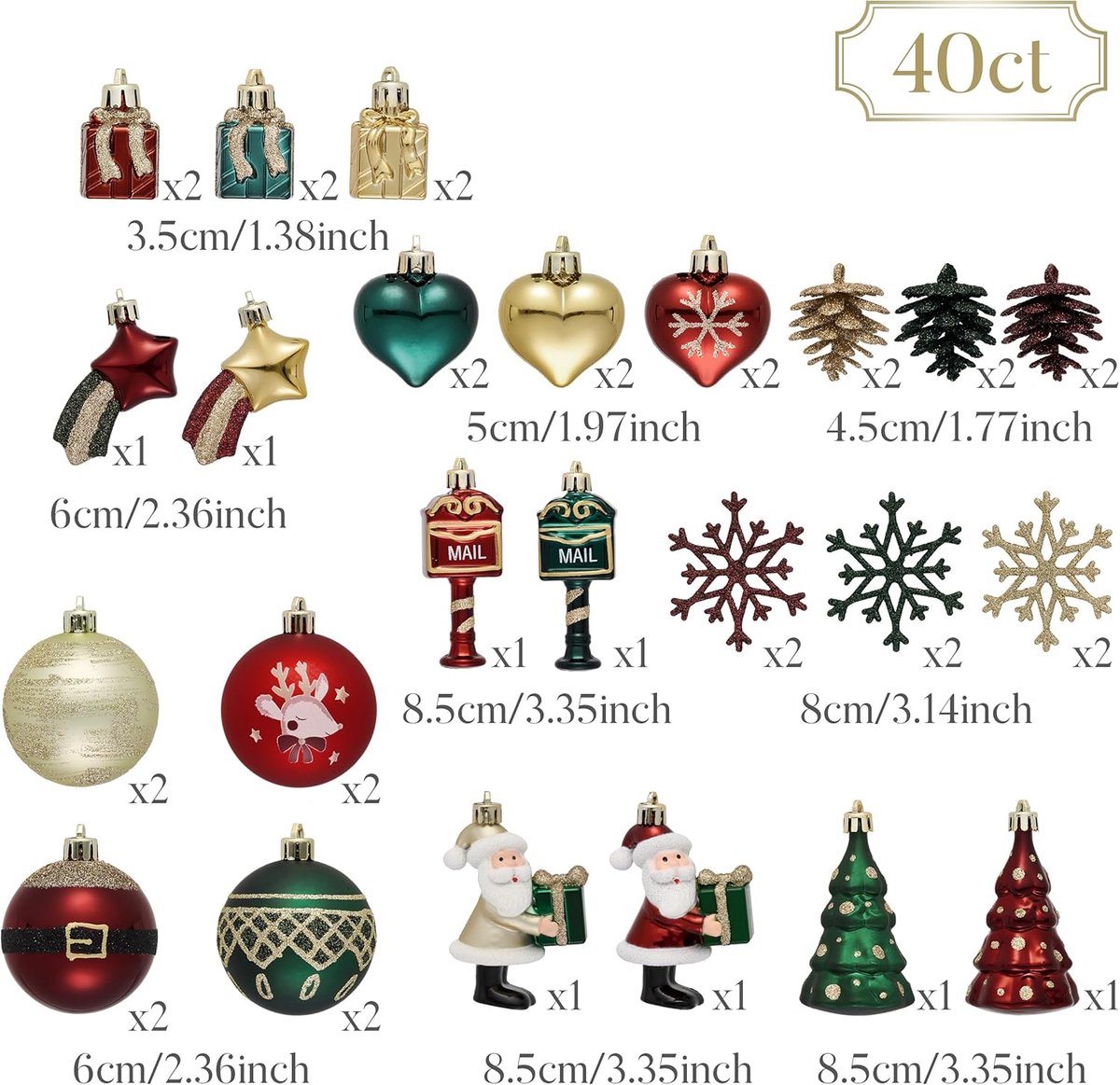 Kerstballen Set - Decoratie Ballen - Kerstboom Versieren - Origineel Ontwerp - 40 Stuks - Rood Groen Goud – foto 6