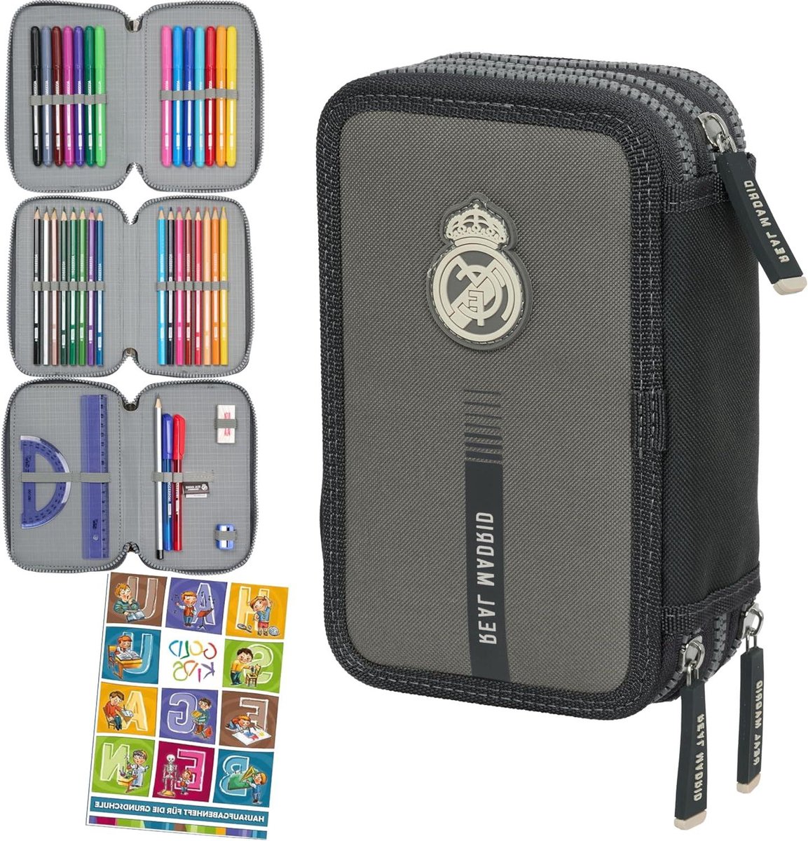 Etui met 3 vakken - Pennendoos school - Schoolspullen organiseren - Volledig gevuld - 19.5 cm - Zwart