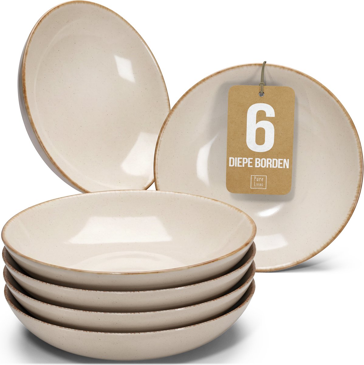 Pure Living Rustic Diepe Borden - Beige - Set Van 6 (Ø 20 cm) - Massief Aardewerk - Landelijk Design - Magnetron & Vaatwasserbestendig